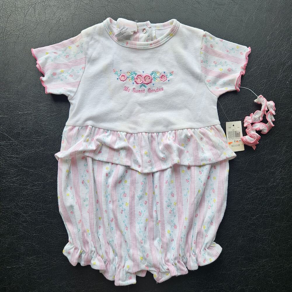 NWT Baby Girl Vtg Spring Floral Bubble Romper 24 Months Childwise Headband Read